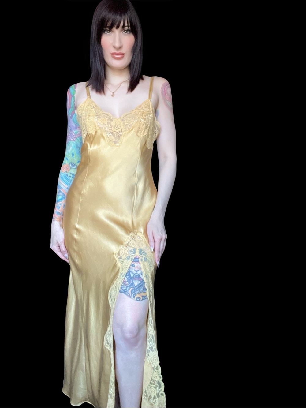 Vintage 90s Y2K Victoria's Secret Gold Lace Trim Silk Satin Slip Dress